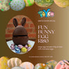 Promotional image of a chocolate egg with bunny ears, surrounded by Easter eggs, on a brown background with 'Toyko' branding.