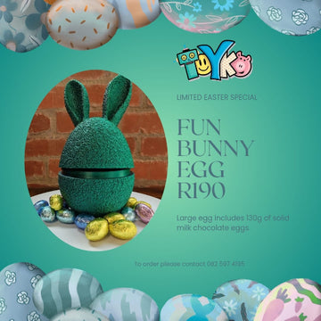 Promotional image of a chocolate egg with bunny ears, surrounded by Easter eggs, on a green background with 'Toyko' branding.