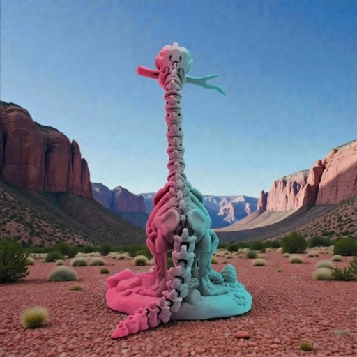 Skeleton Brachiosaurus With Stand And Stick Silk Teal Orange Red - Back