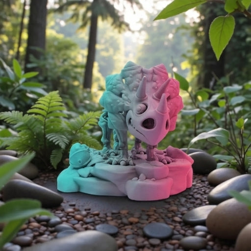 Skeleton Triceratops With Stand Silk Teal Orange Red - Front