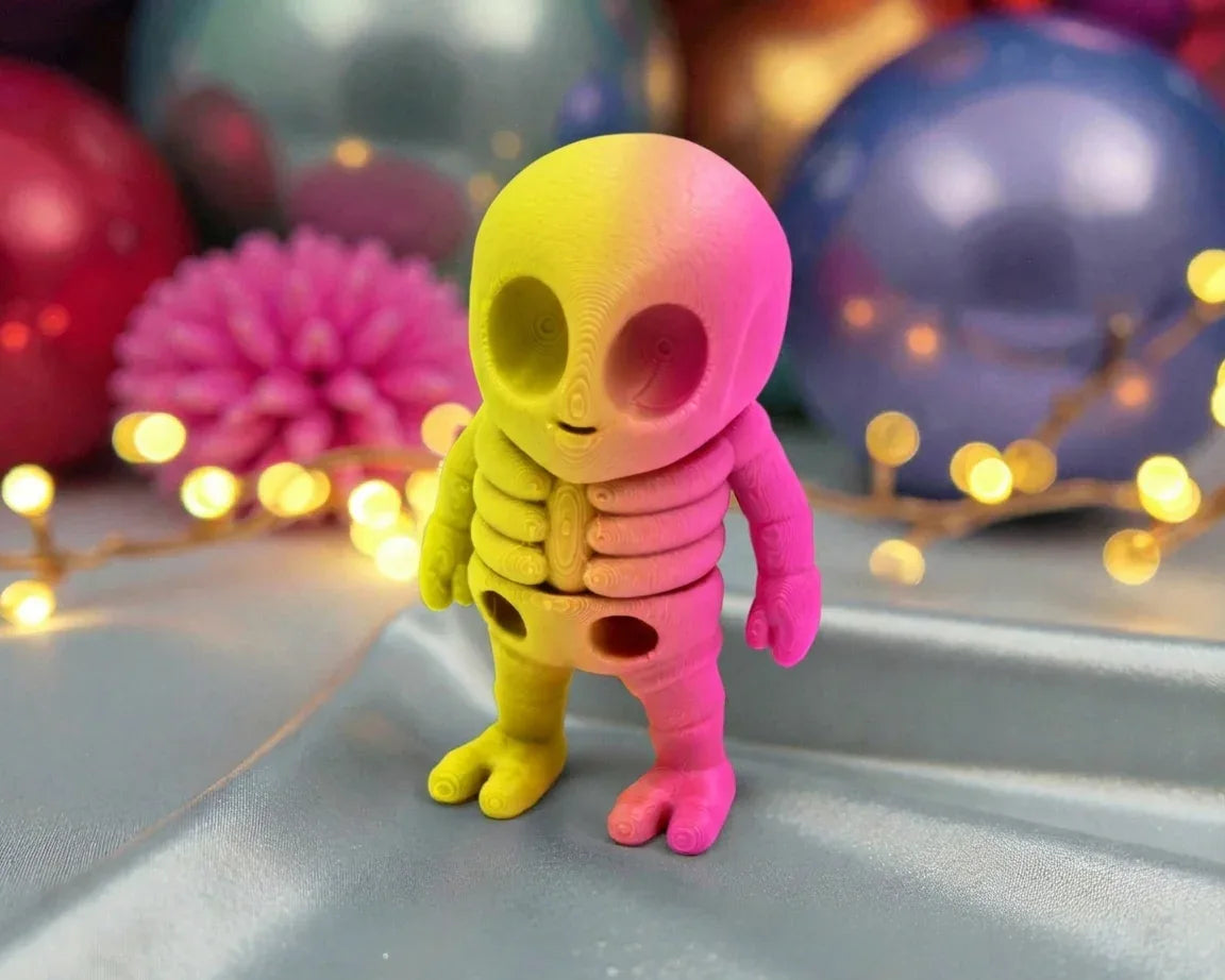 Tiny Alien Skeleton Silk Pink Yellow - Front
