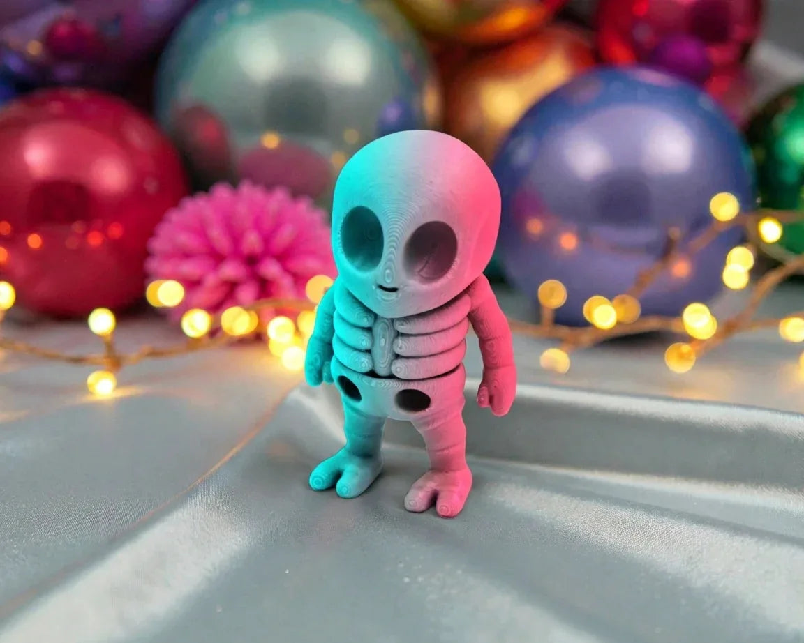 Tiny Alien Skeleton Silk Teal Orange Red - Front