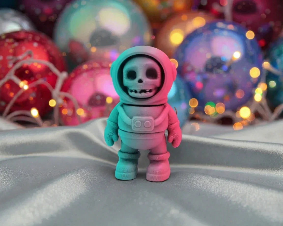 Tiny Skeleton Astronaut Silk Teal Orange Red - Front
